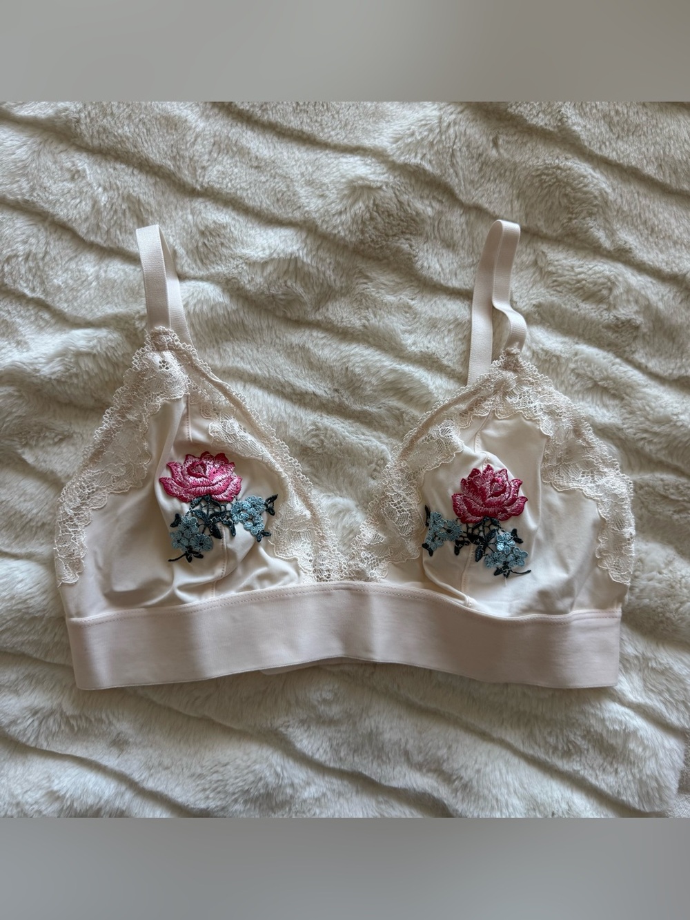 H&M Cream Lace Bralette with Pink Rose Embroidery